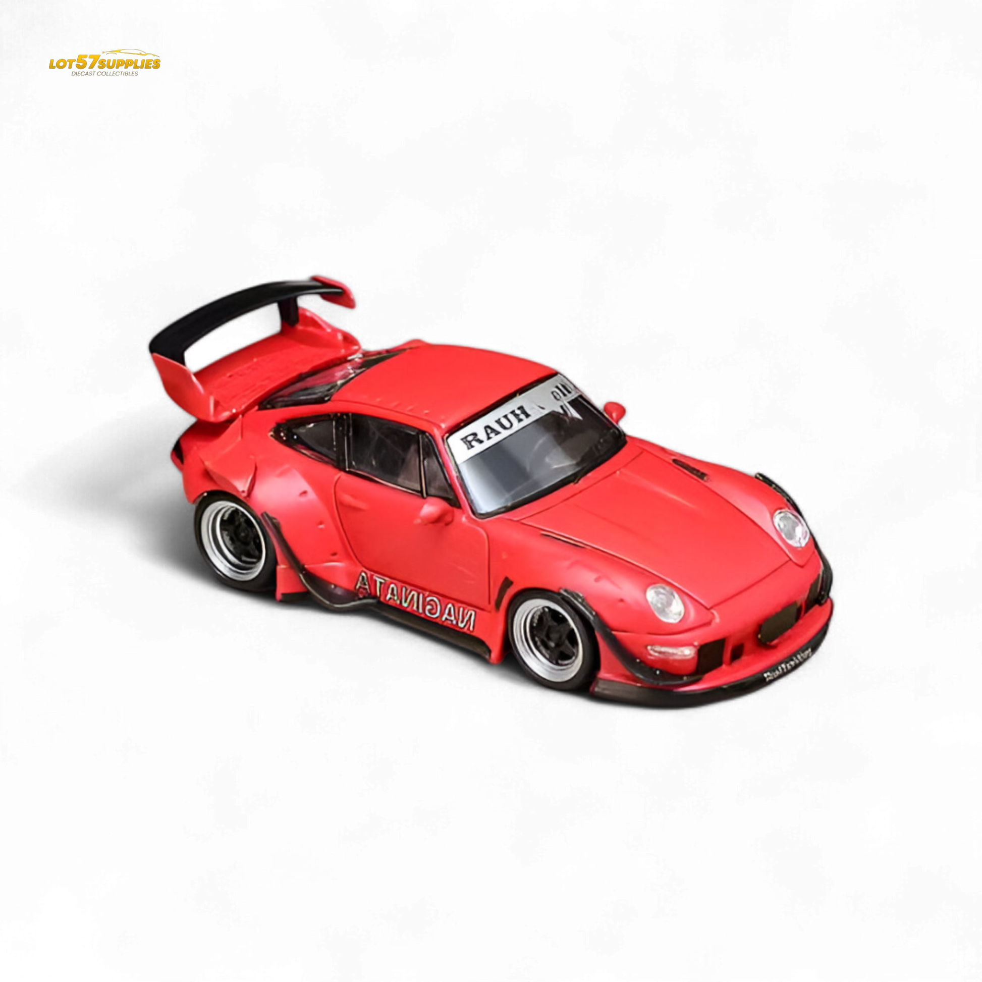 Red Lamborghini 1:64 diecast model with Street Weapon RWB 993 Naginata livery, detailed Porsche scale replica.