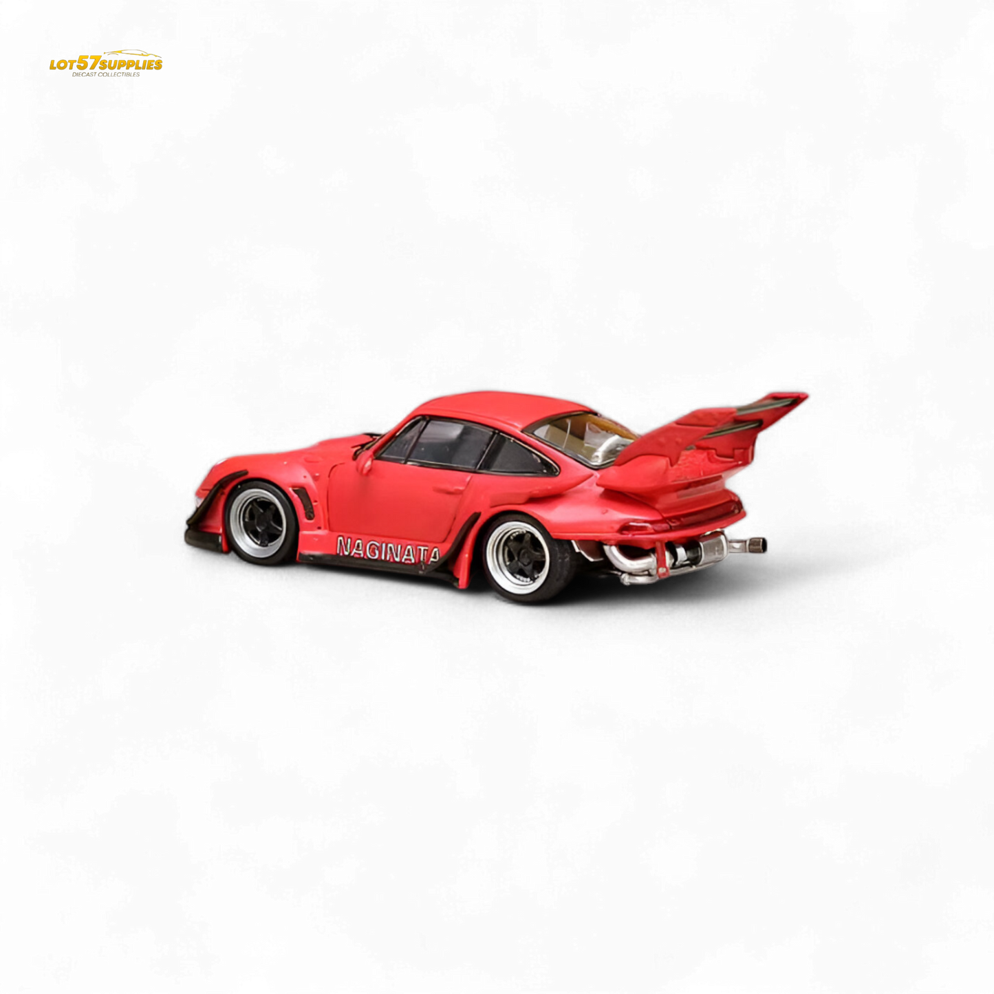 Red Porsche 993 Naginata diecast model in RWB livery, detailed 1:64 scale car from Lot57Supplies Diecast Shop.