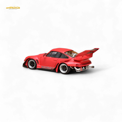 Red Porsche 993 Naginata diecast model in RWB livery, detailed 1:64 scale car from Lot57Supplies Diecast Shop.
