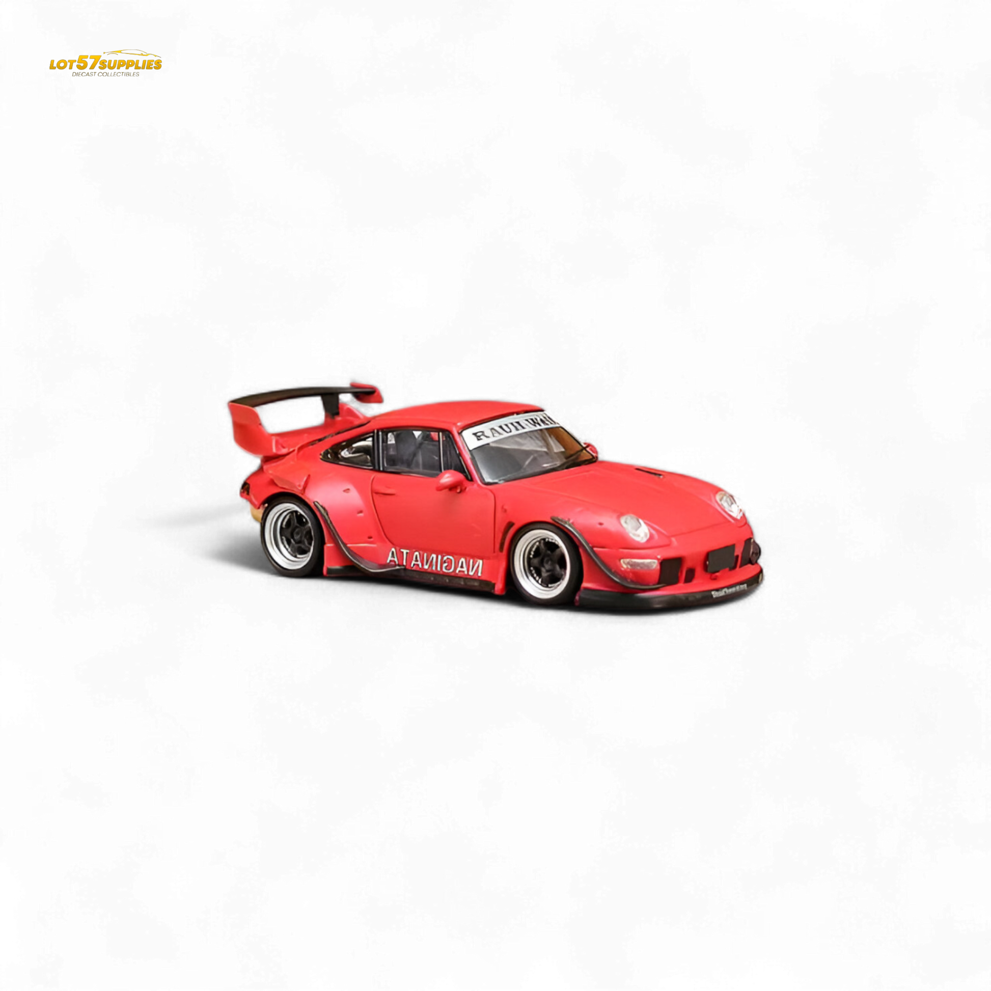 Red Porsche 993 Naginata street weapon RWB diecast model in 1:64 scale with detailed red livery, showcasing sleek design and authentic features.
