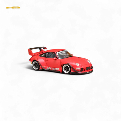 Red Porsche 993 Naginata street weapon RWB diecast model in 1:64 scale with detailed red livery, showcasing sleek design and authentic features.