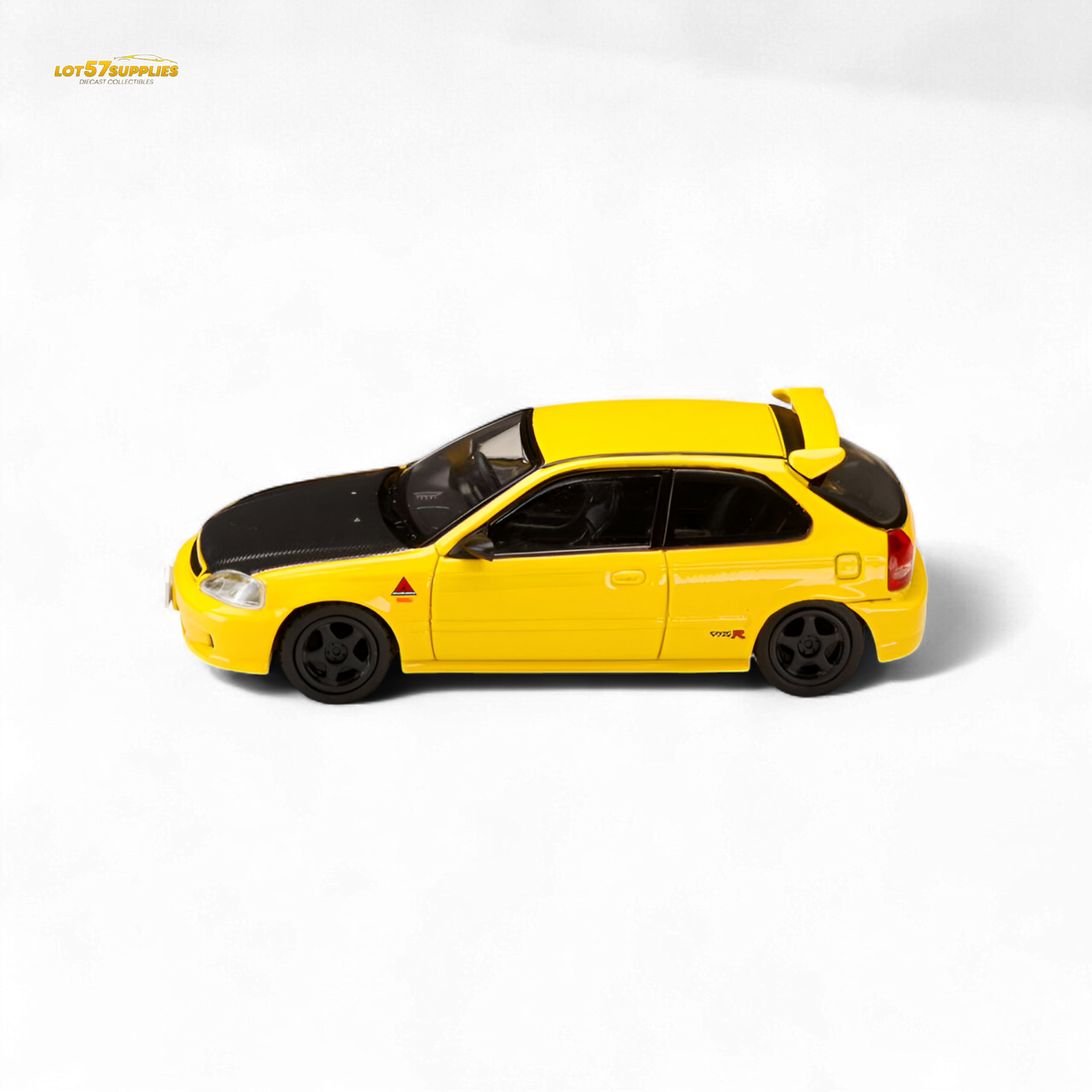 Yellow Honda Civic EK9 diecast model in 1:64 scale by Hobby Japan, detailed miniature car displayed on a plain background.