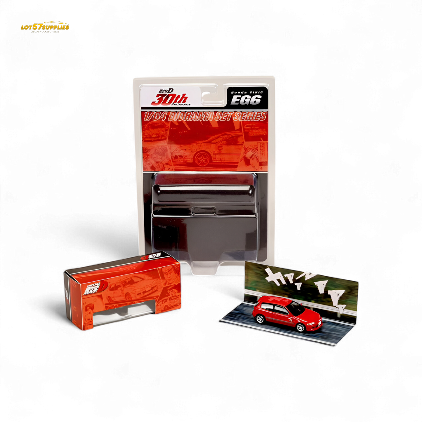 Red Honda Civic EG6 diecast model in 1:64 scale by Hobby Japan, showcasing detailed exterior and compact car design.