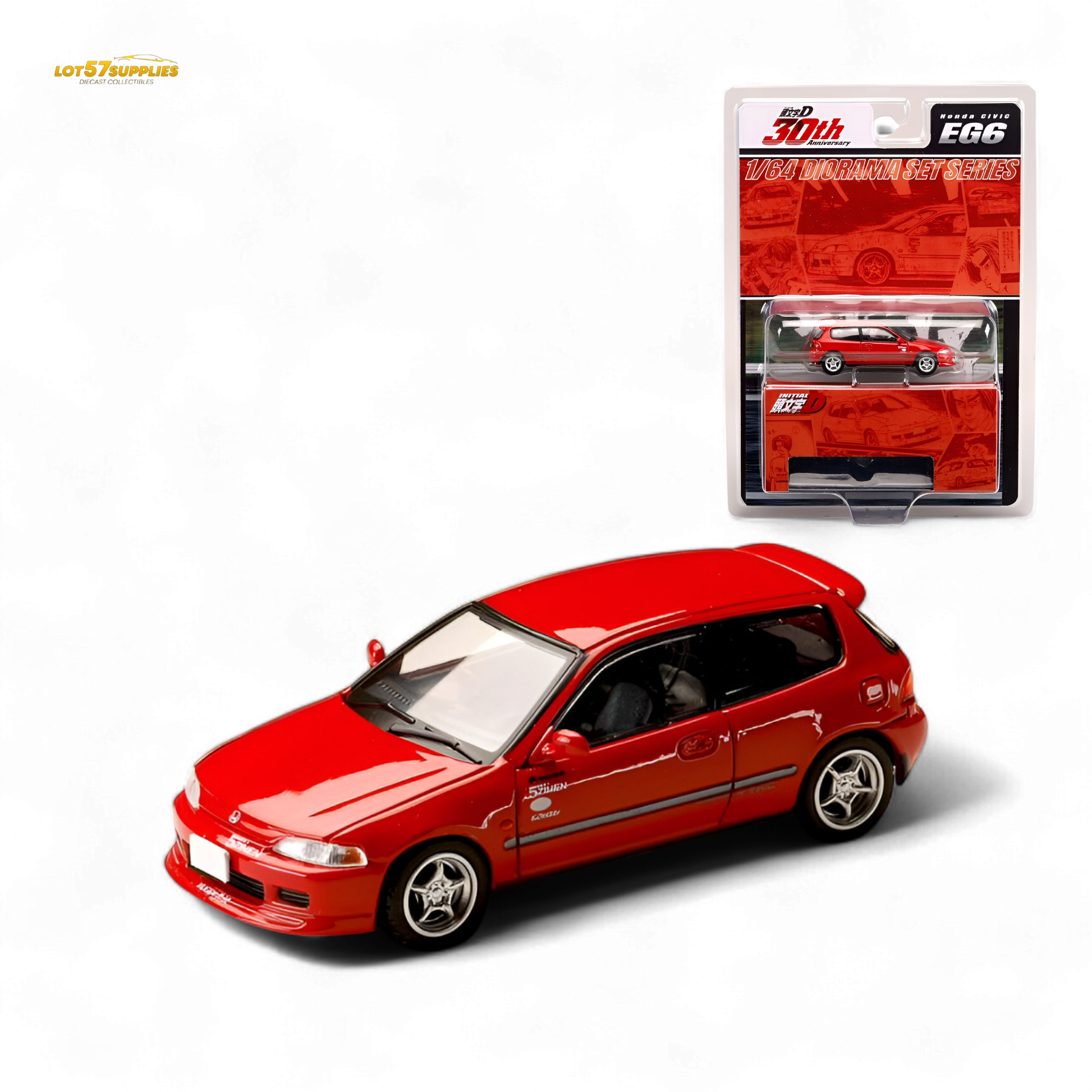 Red Honda Civic EG6 diecast model in 1:64 scale by Hobby Japan, detailed miniature car on a neutral background.