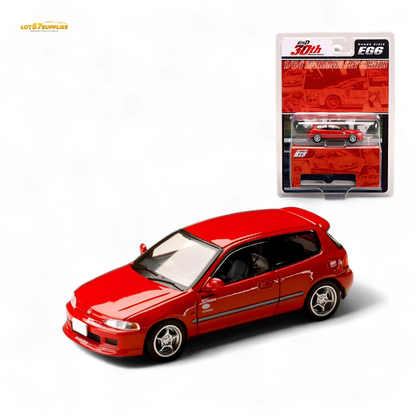 Red Honda Civic EG6 diecast model in 1:64 scale by Hobby Japan, detailed miniature car on a neutral background.