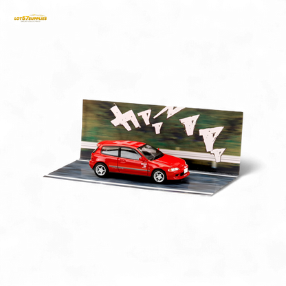 Red Honda Civic EG6 diecast model in 1:64 scale by Hobby Japan, detailed miniature car with realistic features.