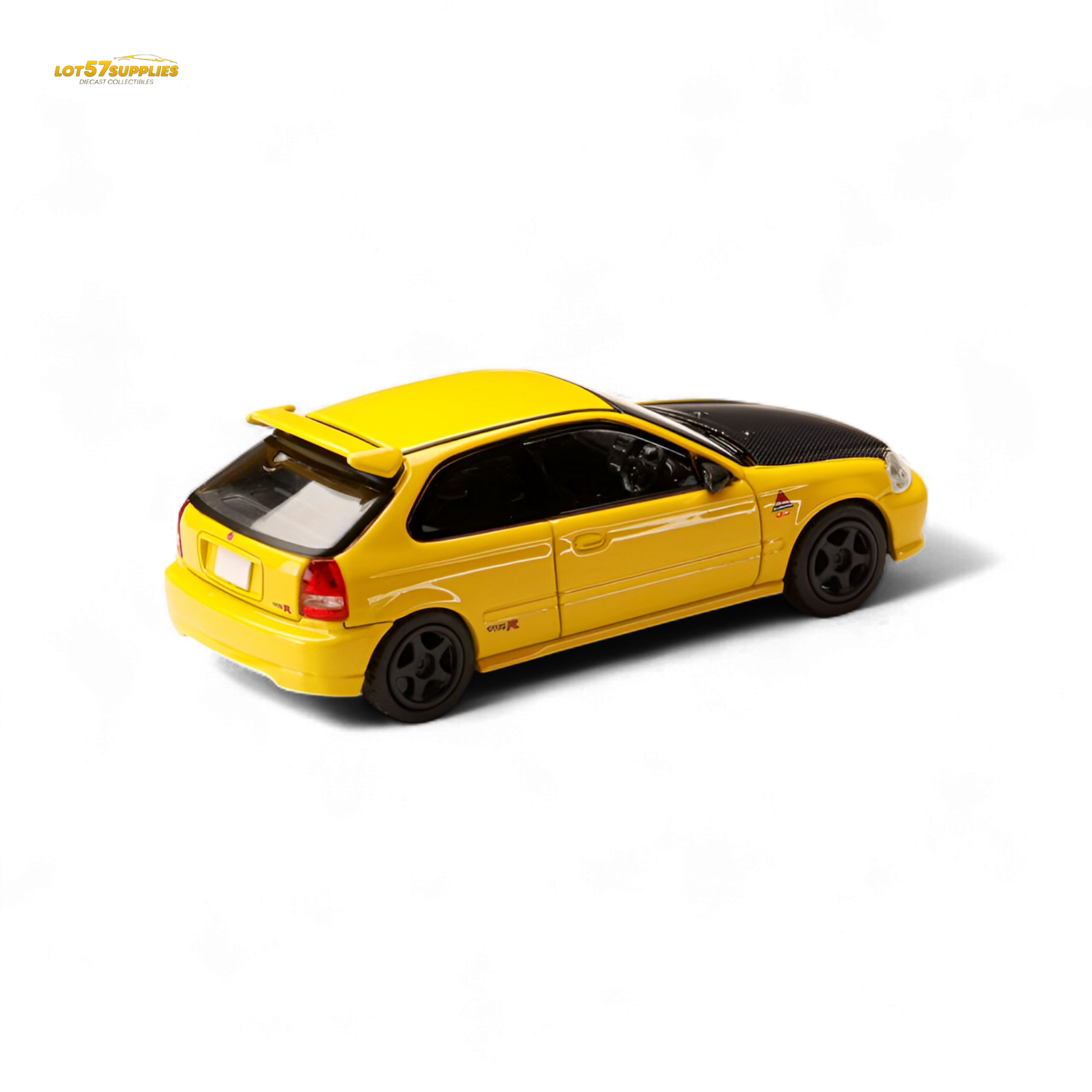 Yellow Honda Civic EK9 diecast car model in 1:64 scale by Lot57Supplies Diecast Shop, detailed miniature replica of Honda vehicle.