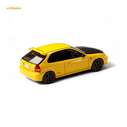 Yellow Honda Civic EK9 diecast car model in 1:64 scale by Lot57Supplies Diecast Shop, detailed miniature replica of Honda vehicle.