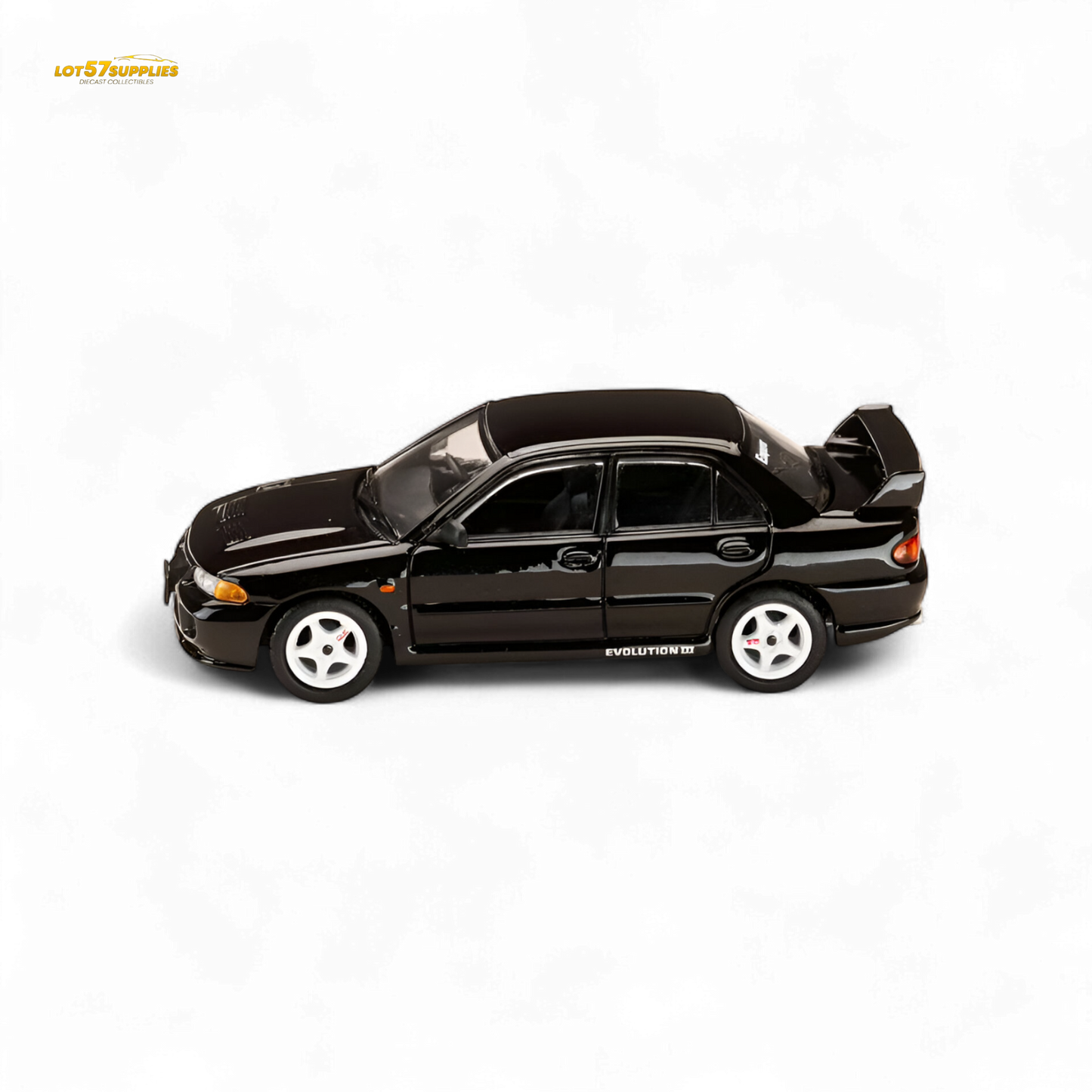 Black Mitsubishi Lancer Evo III diecast model by Hobby Japan, 1:64 scale, detailed miniature car for collectors.