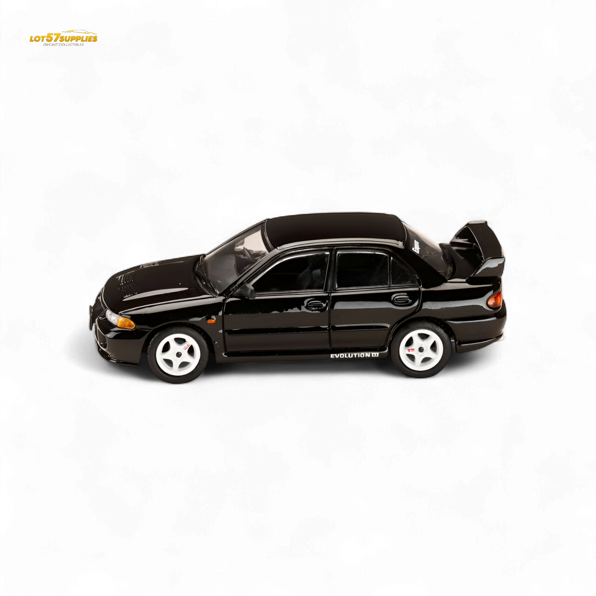 Black Mitsubishi Lancer Evo III diecast model by Hobby Japan, 1:64 scale, detailed miniature car for collectors.