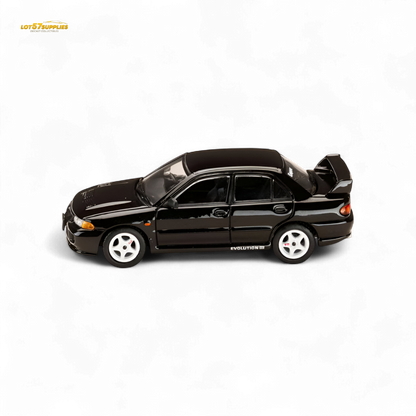 Black Mitsubishi Lancer Evo III diecast model by Hobby Japan, 1:64 scale, detailed miniature car for collectors.