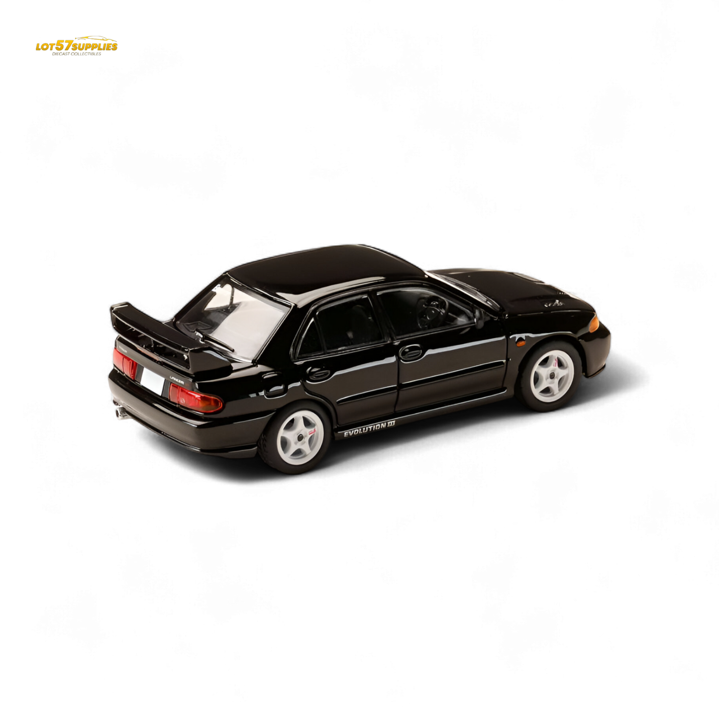 Black Mitsubishi Lancer Evo III diecast model car by Hobby Japan, detailed 1:64 scale collectible for enthusiasts.
