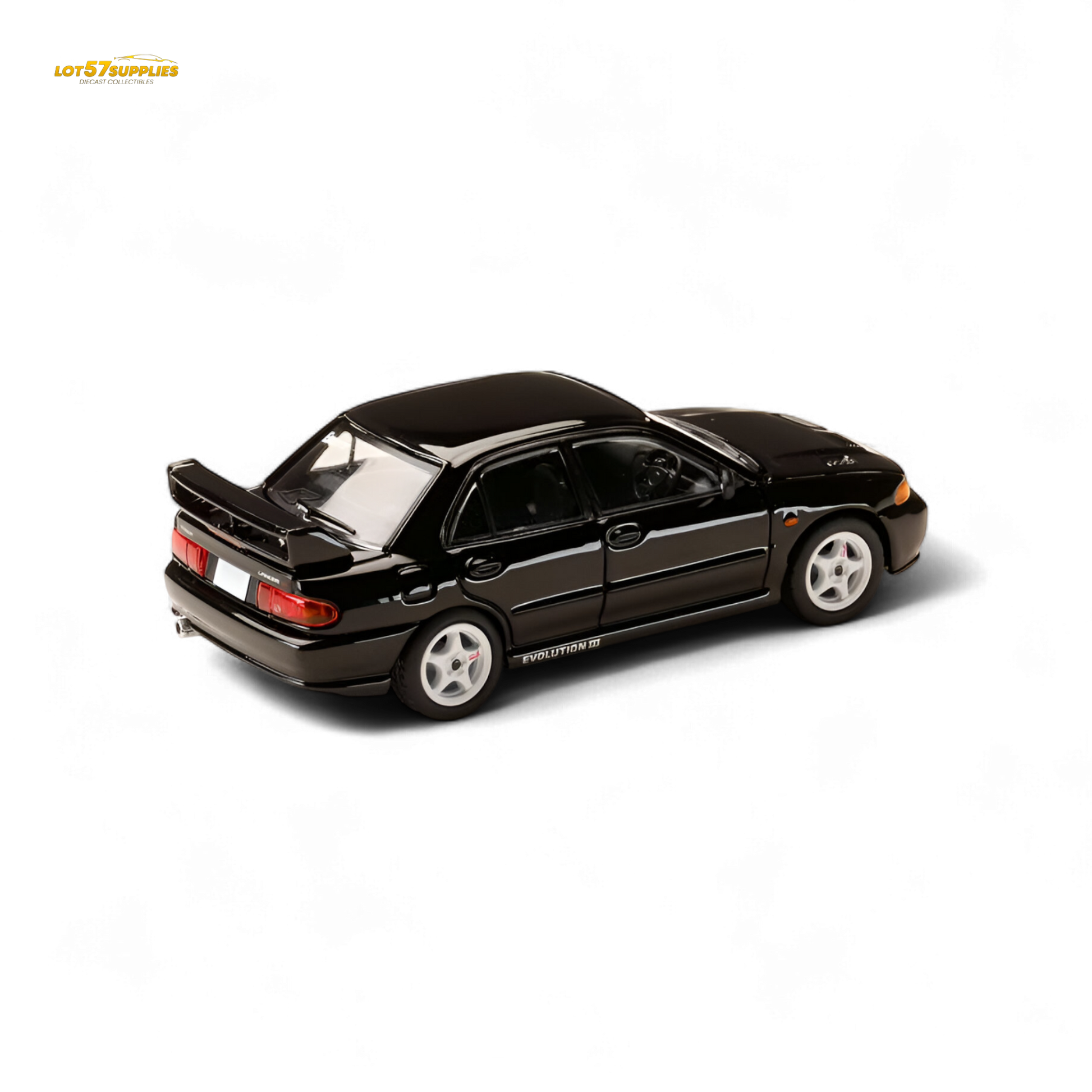 Black Mitsubishi Lancer Evo III diecast model car by Hobby Japan, detailed 1:64 scale collectible for enthusiasts.