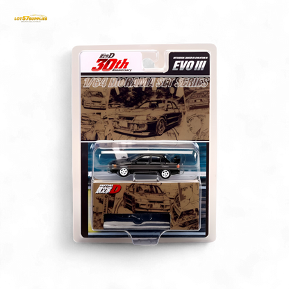 Black Mitsubishi Lancer Evo III diecast model in 1:64 scale by Hobby Japan, detailed miniature collectible.