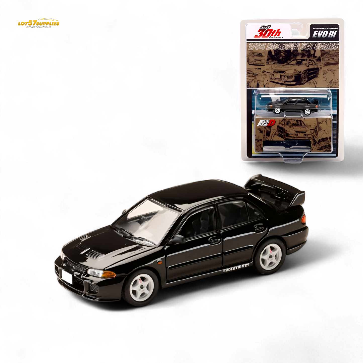 Black Mitsubishi Lancer Evo III diecast model by Hobby Japan, detailed 1:64 scale car for collectors.