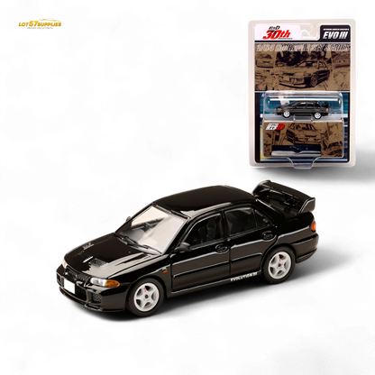 Black Mitsubishi Lancer Evo III diecast model by Hobby Japan, detailed 1:64 scale car for collectors.