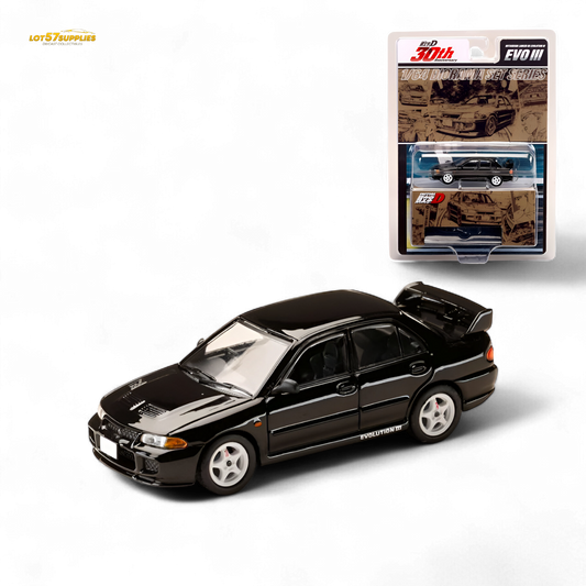Black Mitsubishi Lancer Evo III diecast model by Hobby Japan, detailed 1:64 scale car for collectors.