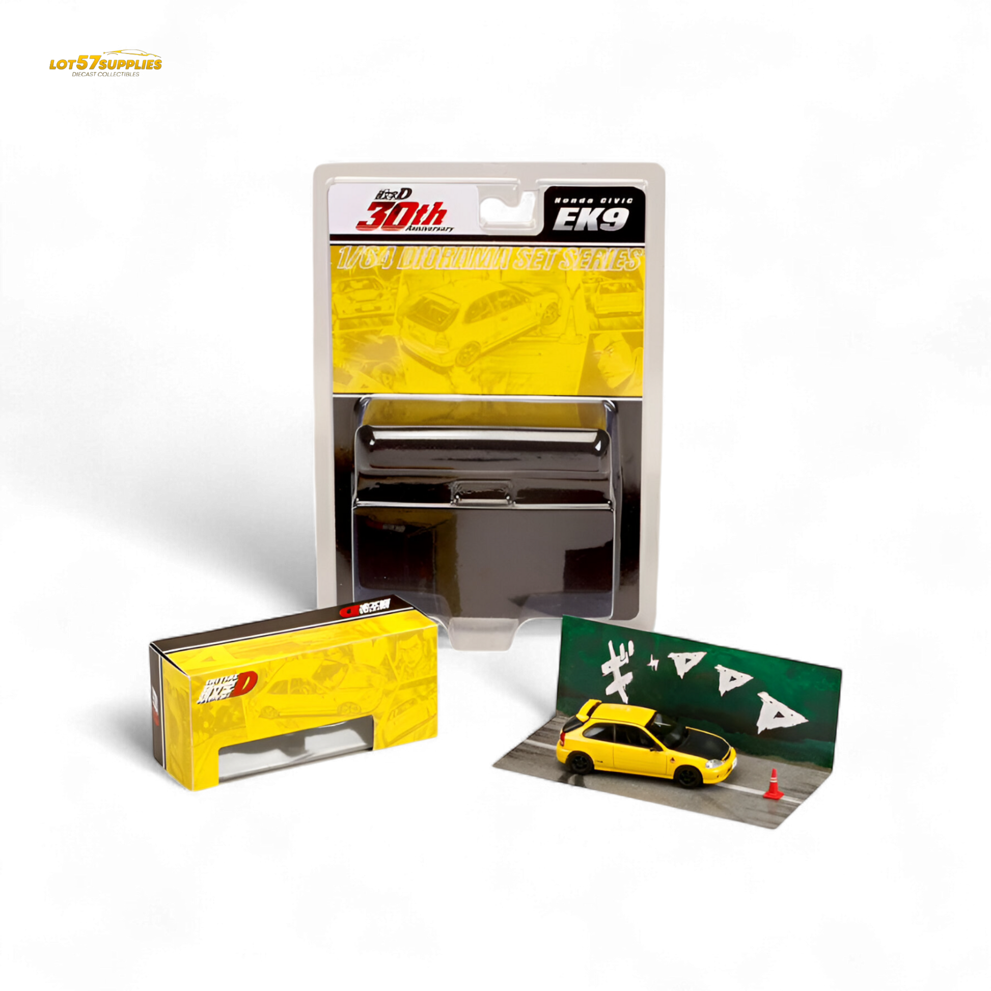 Yellow Honda Civic EK9 diecast model in 1:64 scale by Hobby Japan, detailed miniature car on a neutral background.