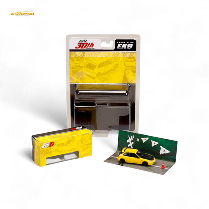 Yellow Honda Civic EK9 diecast model in 1:64 scale by Hobby Japan, detailed miniature car on a neutral background.