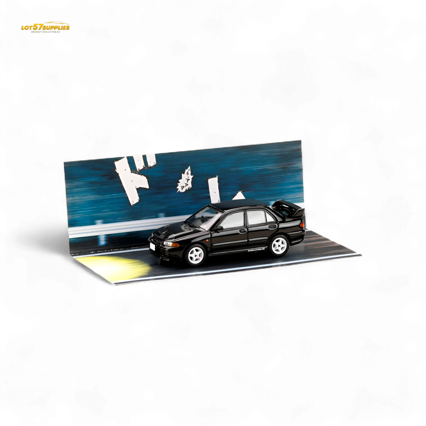 Black Mitsubishi Lancer Evo III diecast model in 1:64 scale by Hobby Japan, detailed miniature car for collectors.