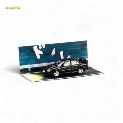 Black Mitsubishi Lancer Evo III diecast model in 1:64 scale by Hobby Japan, detailed miniature car for collectors.