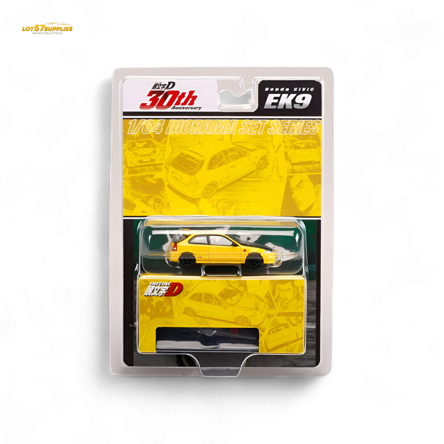 Yellow Honda Civic EK9 diecast model in 1:64 scale by Hobby Japan, detailed miniature car on a plain background.
