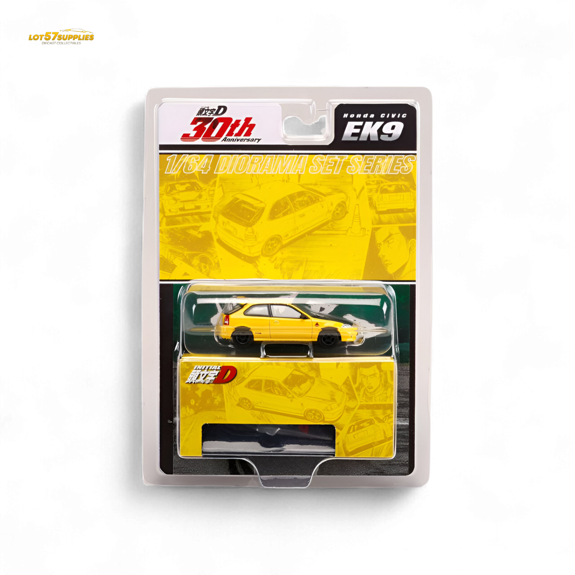 Yellow Honda Civic EK9 diecast model in 1:64 scale by Hobby Japan, detailed miniature car on a plain background.