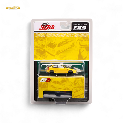 Yellow Honda Civic EK9 diecast model in 1:64 scale by Hobby Japan, detailed miniature car on a plain background.