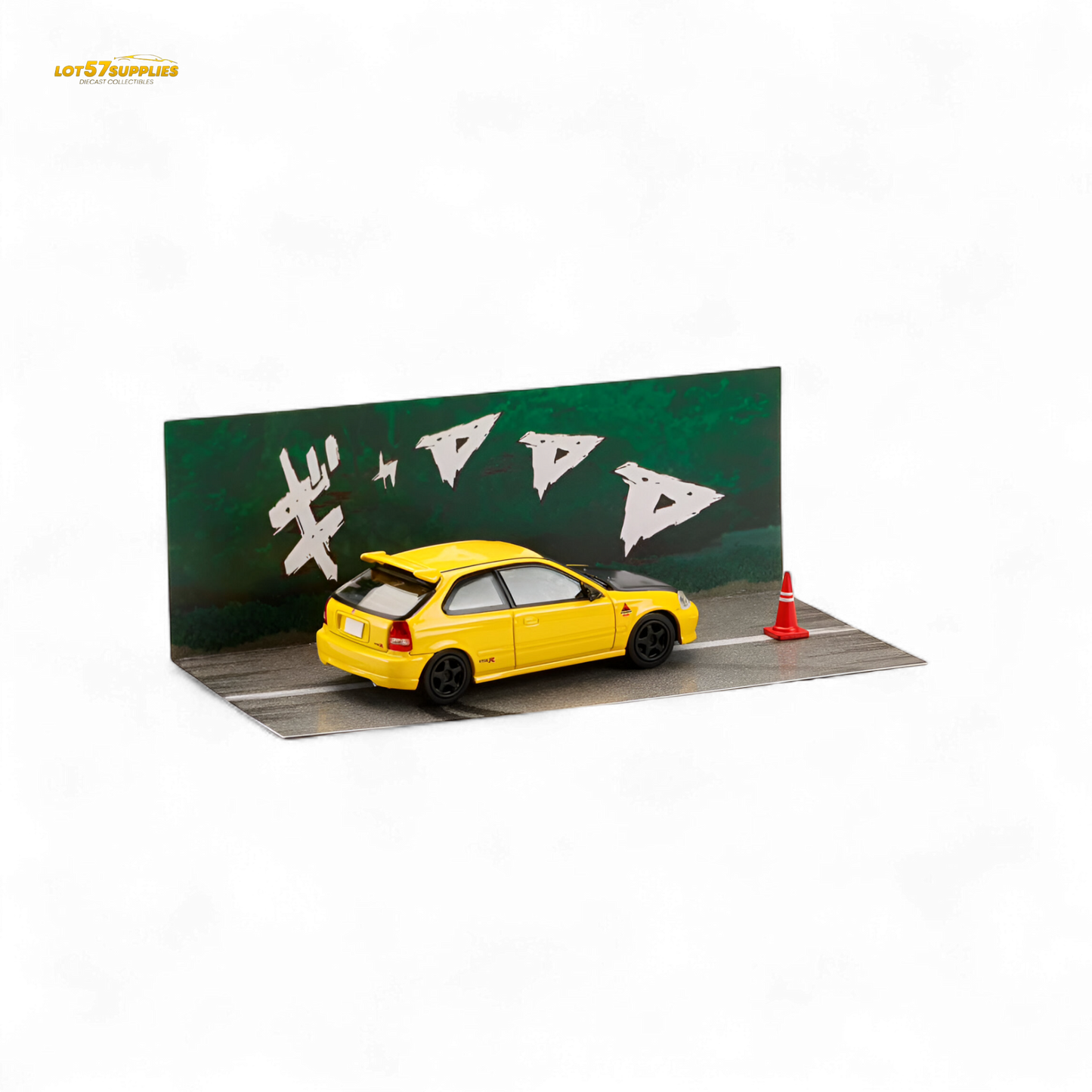 Yellow Hobby Japan Honda Civic EK9 diecast model, 1:64 scale, detailed miniature car from Lot57Supplies Diecast Shop.