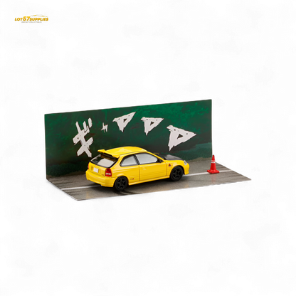 Yellow Hobby Japan Honda Civic EK9 diecast model, 1:64 scale, detailed miniature car from Lot57Supplies Diecast Shop.