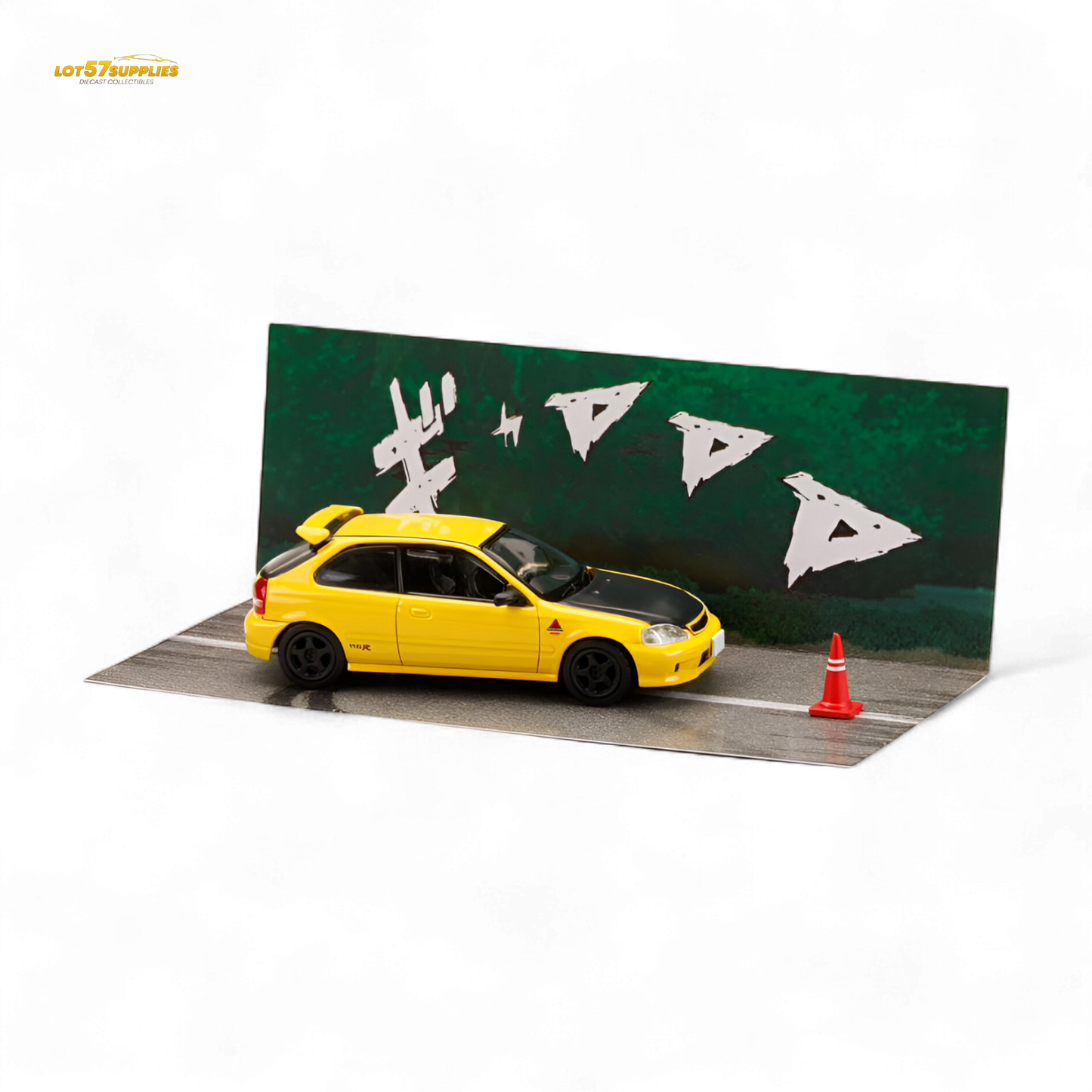 Yellow Honda Civic EK9 diecast model by Hobby Japan, 1:64 scale, detailed miniature car for collectors and display.