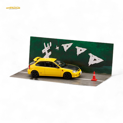 Yellow Honda Civic EK9 diecast model by Hobby Japan, 1:64 scale, detailed miniature car for collectors and display.