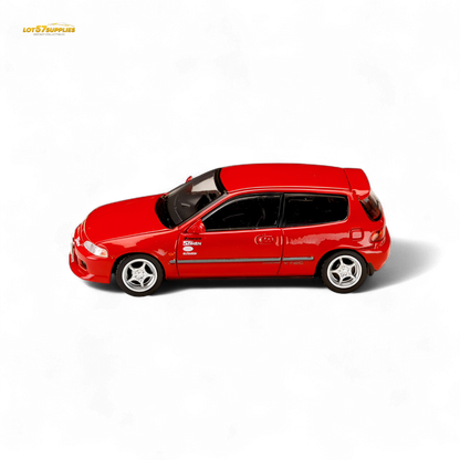 Red Honda Civic EG6 diecast model in 1:64 scale by Hobby Japan, featuring detailed exterior and realistic design.
