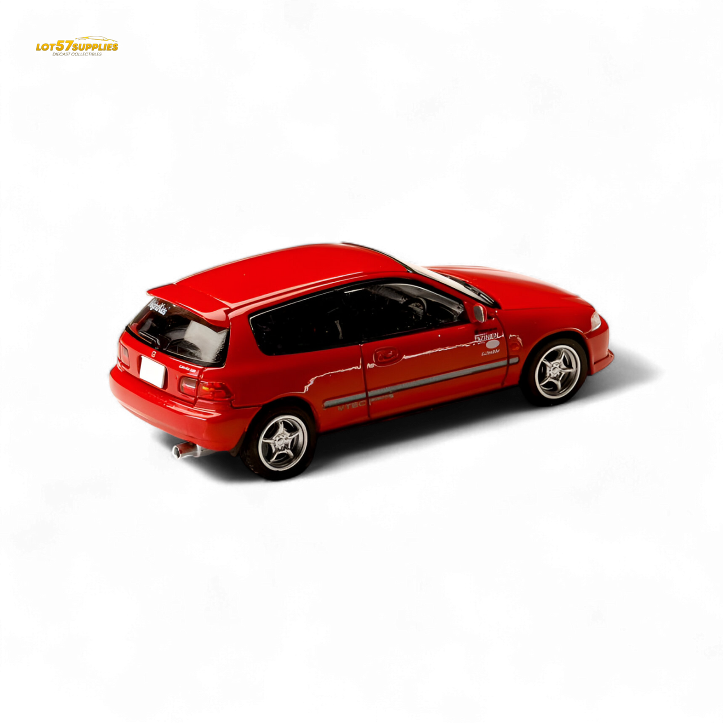 Red Honda Civic EG6 diecast model car in 1:64 scale by Hobby Japan, showcasing detailed exterior and sporty design.