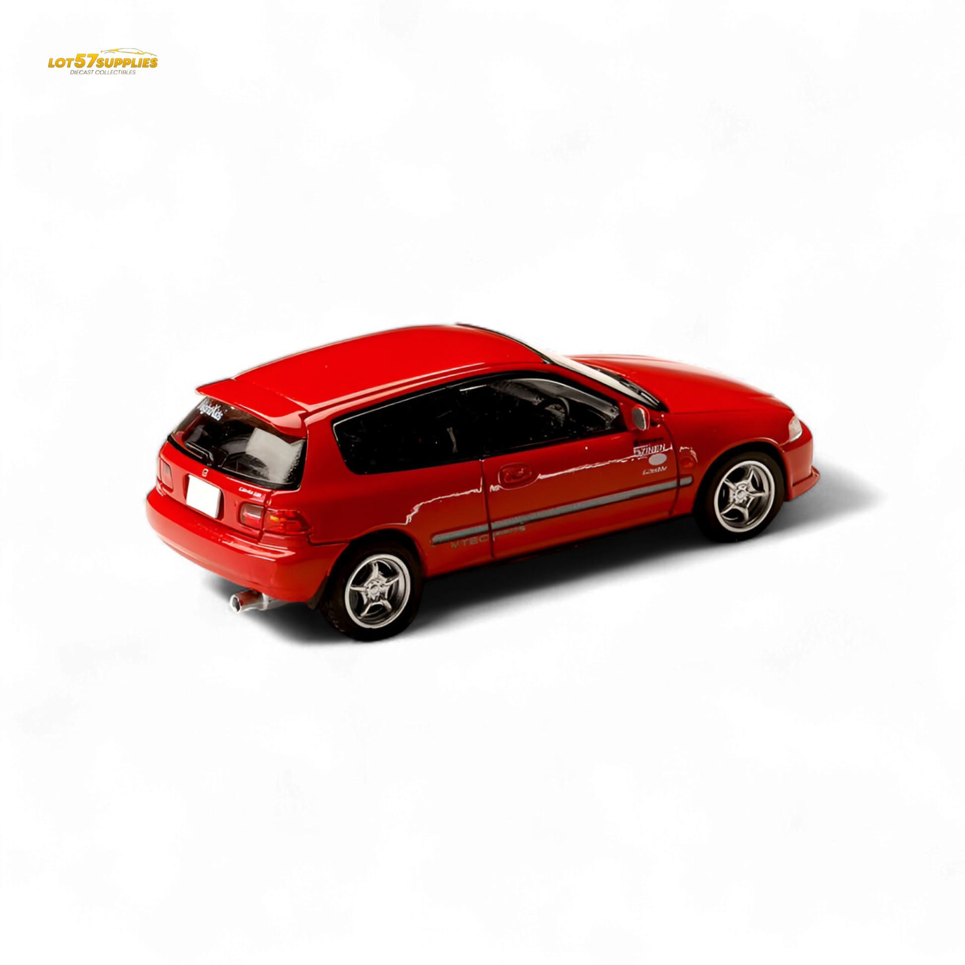 Red Honda Civic EG6 diecast model car in 1:64 scale by Hobby Japan, showcasing detailed exterior and sporty design.