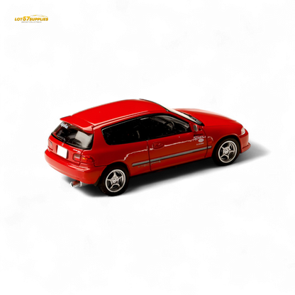Red Honda Civic EG6 diecast model car in 1:64 scale by Hobby Japan, showcasing detailed exterior and sporty design.