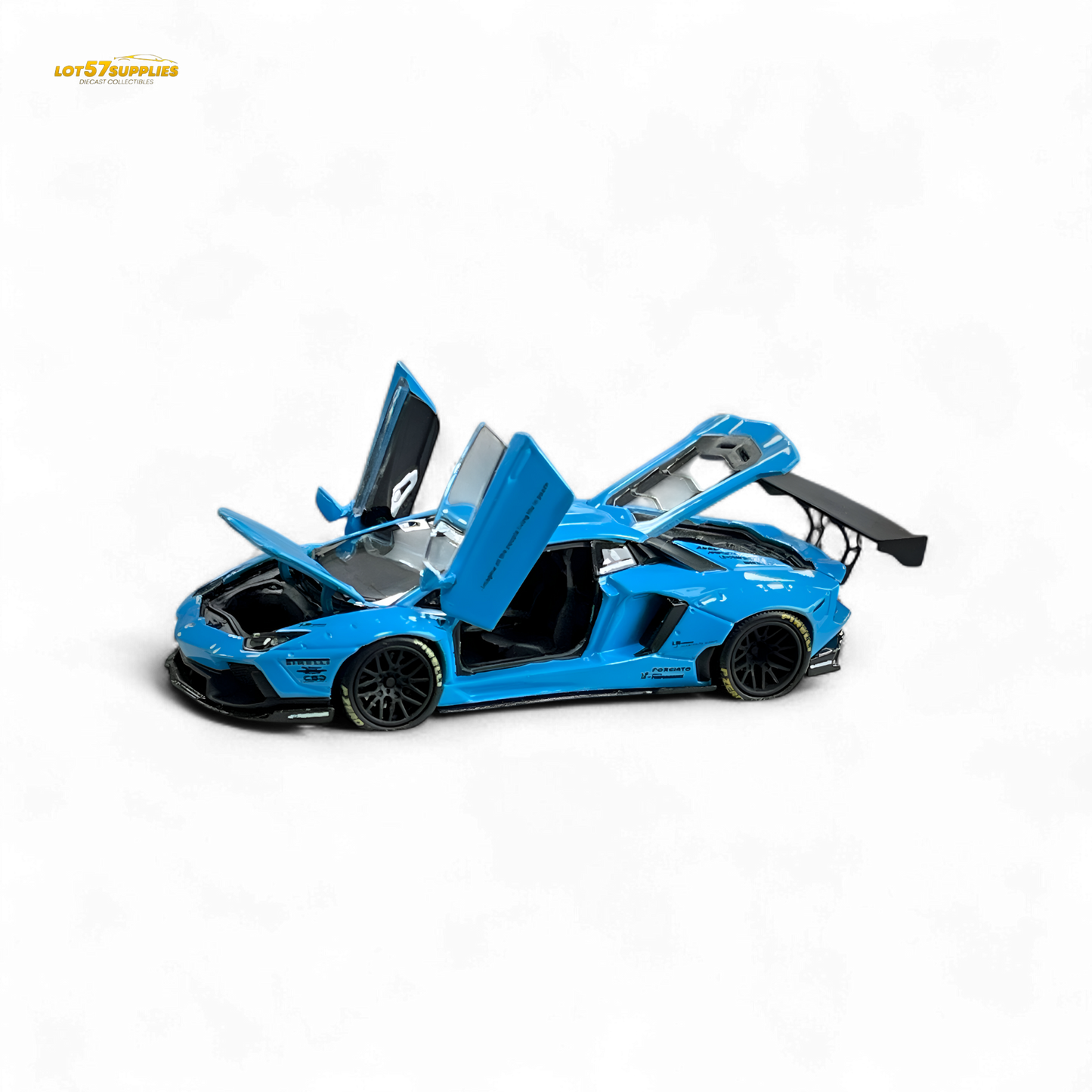 Blue Lamborghini LP700-4 diecast model by Lot57Supplies, 1:64 scale, detailed miniature car on a white background.