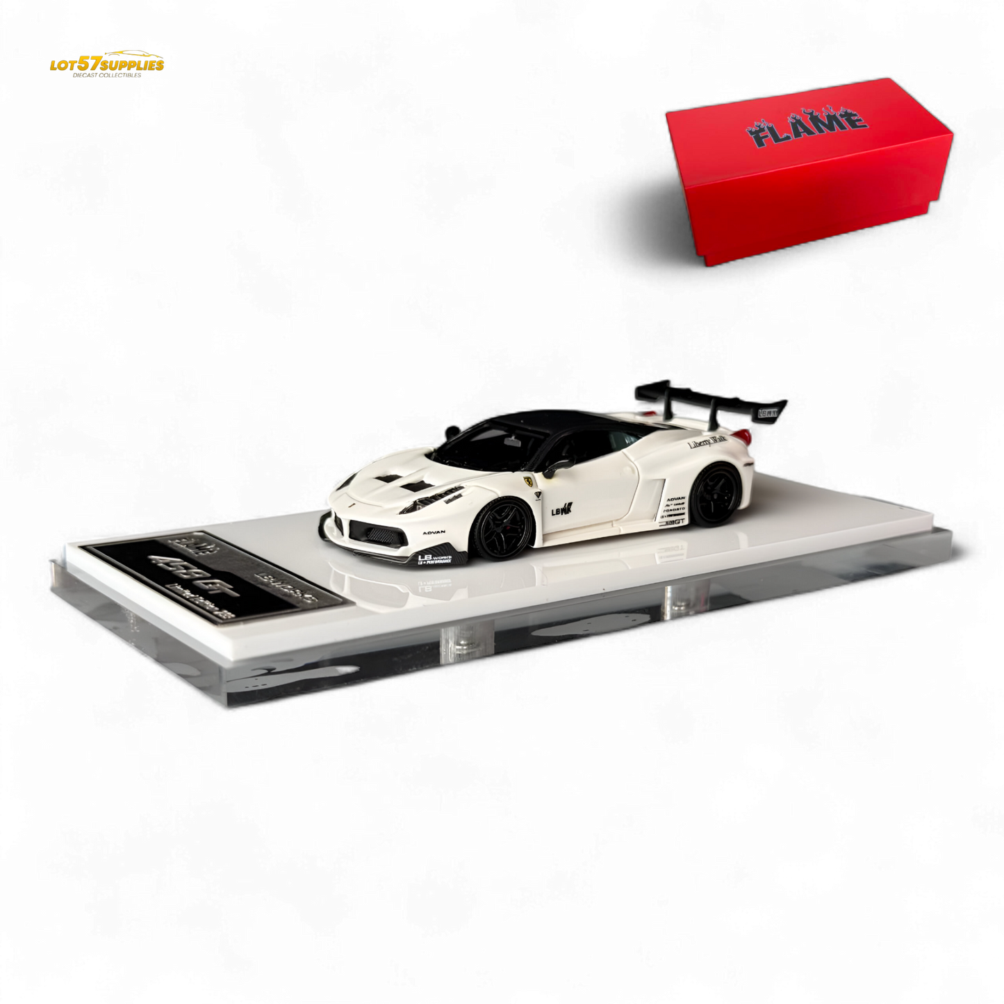 Flame Ferrari 458 GT LB Wide-Body - White 1:64 Resin - Evergreen Kings