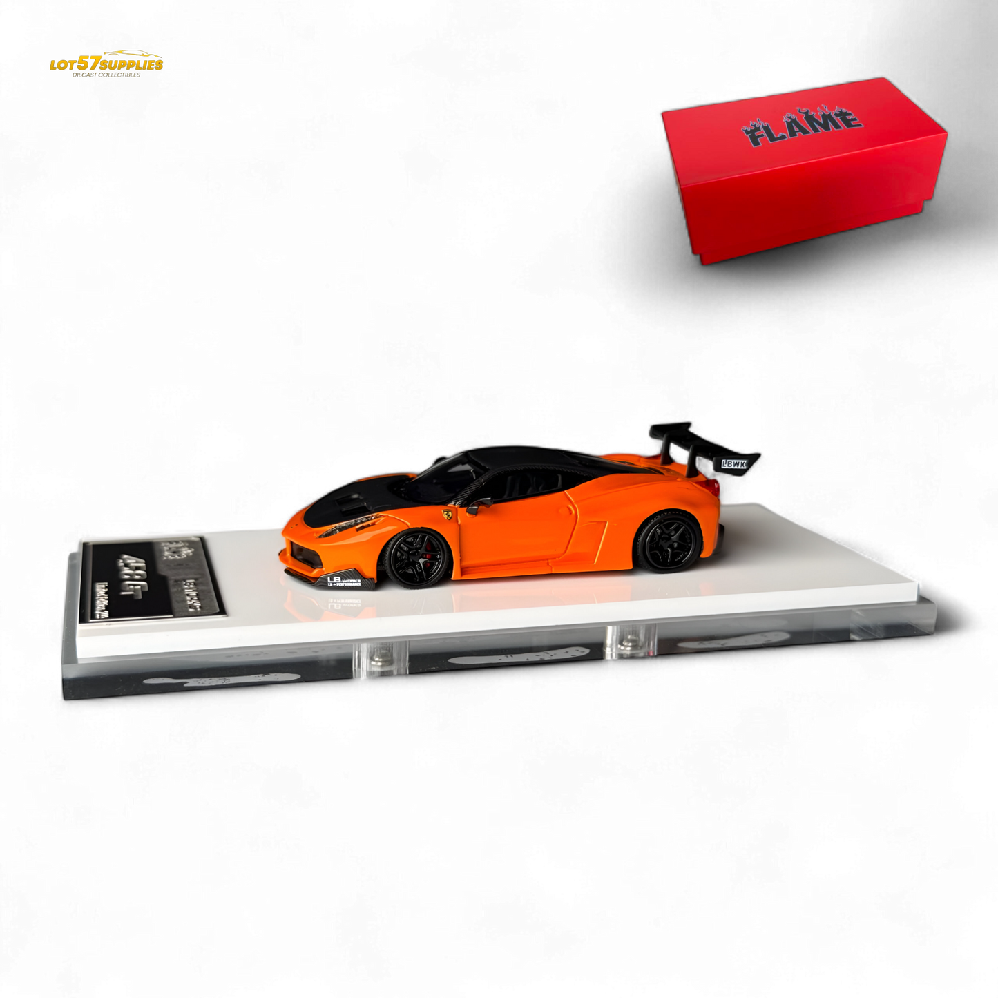 Detailed image of a Flame Ferrari 458 LB Wide-Body diecast car in pearl orange, showcasing the Ferrari brand and wide-body design.