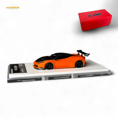 Detailed image of a Flame Ferrari 458 LB Wide-Body diecast car in pearl orange, showcasing the Ferrari brand and wide-body design.