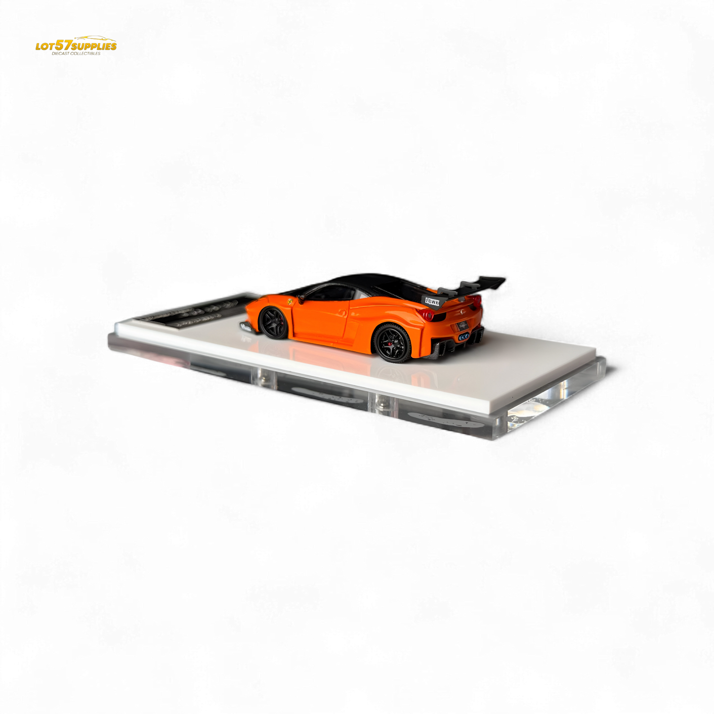 Pearl orange Ferrari 458 LB wide-body diecast model car, detailed 1:64 scale from Lot57Supplies Diecast Shop.