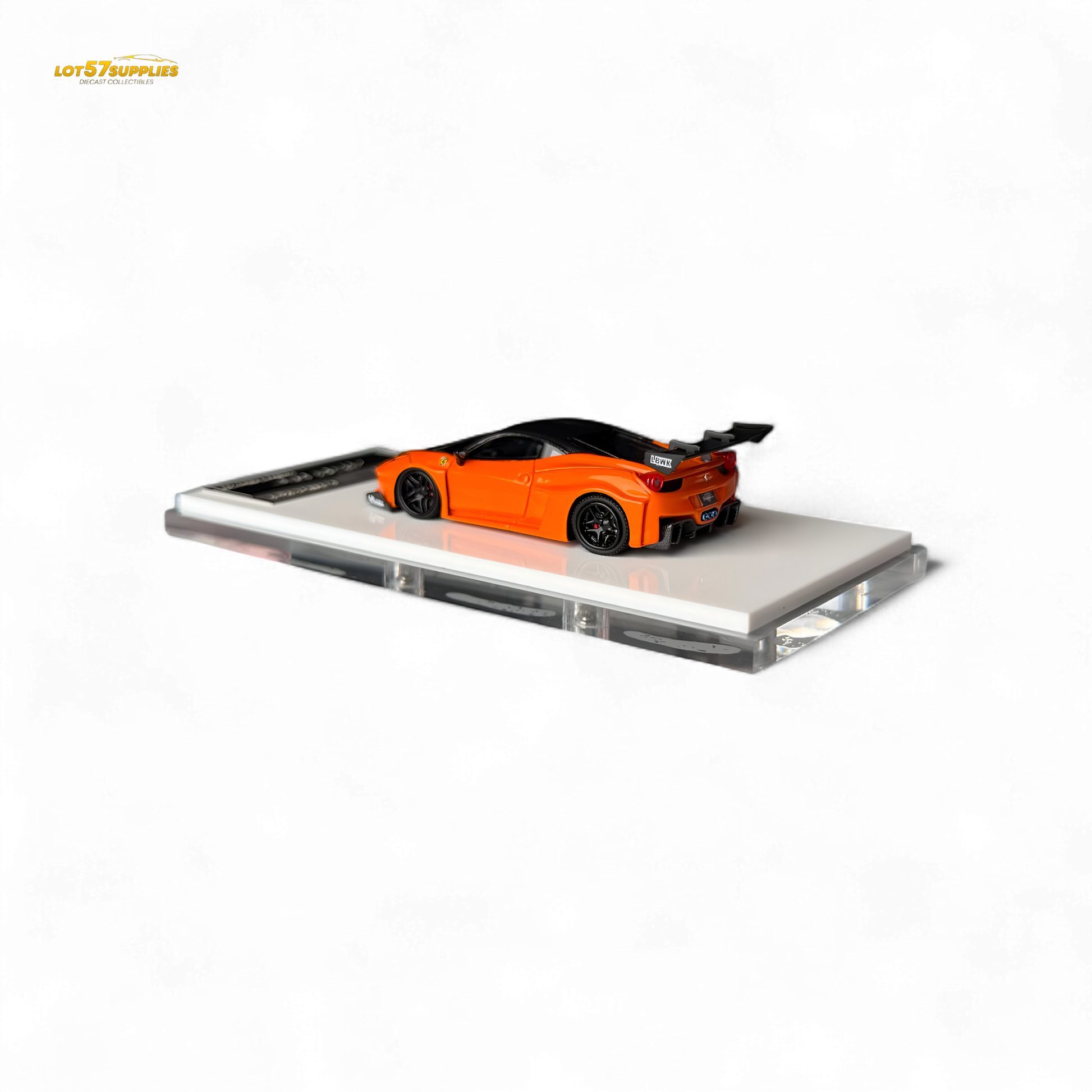 Pearl orange Ferrari 458 LB wide-body diecast model car, detailed 1:64 scale from Lot57Supplies Diecast Shop.