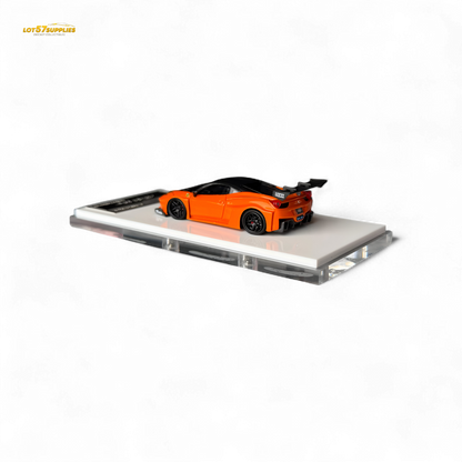 Pearl orange Ferrari 458 LB wide-body diecast model car, detailed 1:64 scale from Lot57Supplies Diecast Shop.