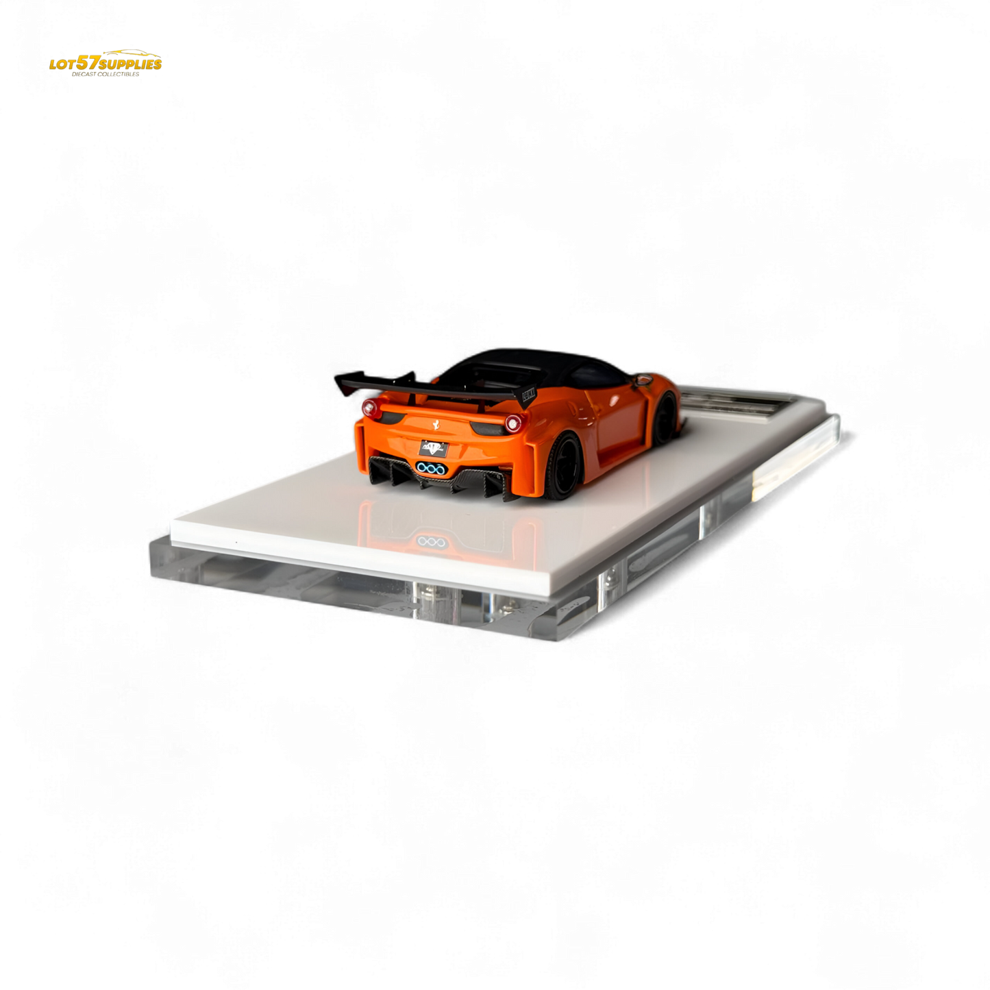 Diecast Ferrari 458 LB wide-body model in pearl orange, detailed 1:64 scale car from Lot57Supplies Diecast Shop.
