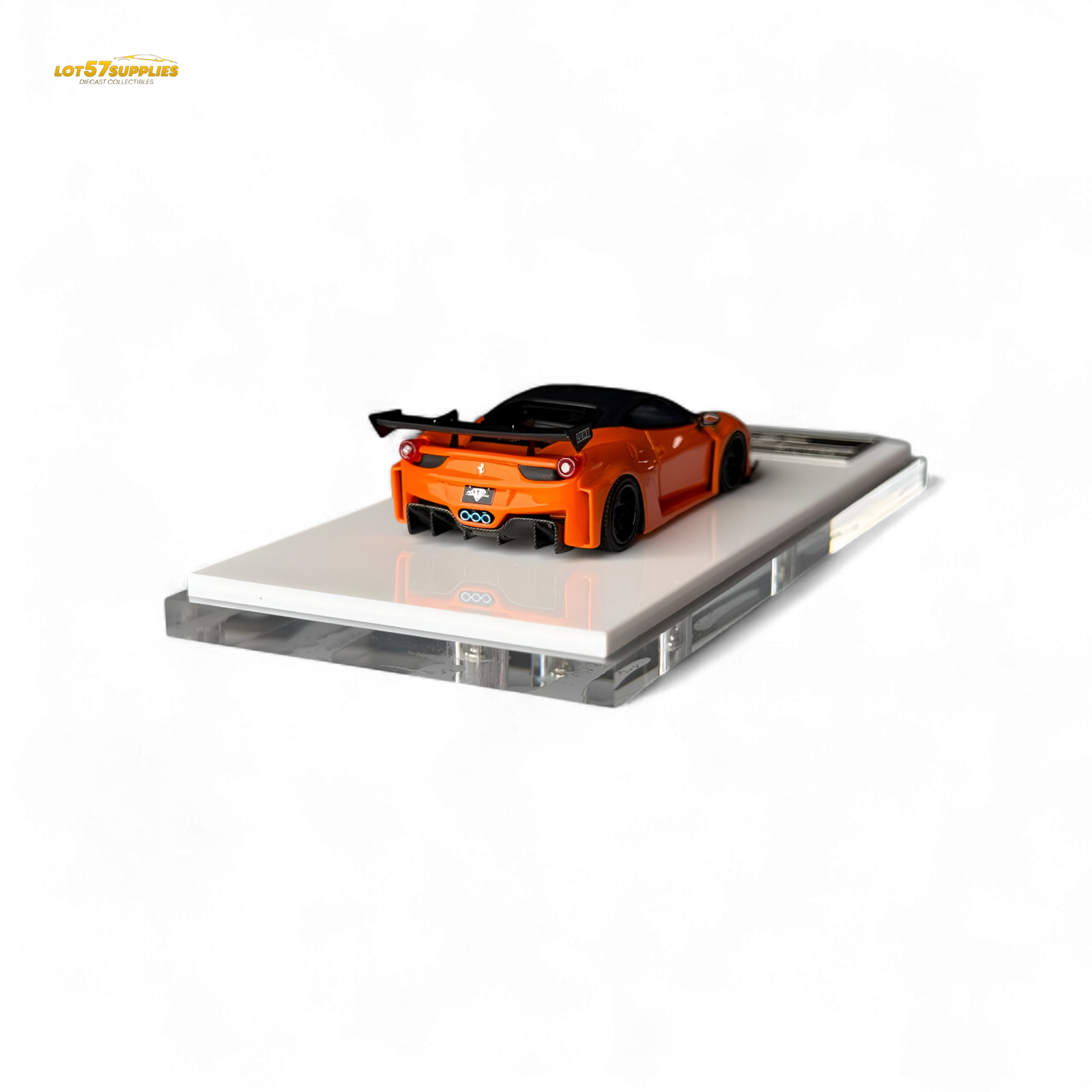 Diecast Ferrari 458 LB wide-body model in pearl orange, detailed 1:64 scale car from Lot57Supplies Diecast Shop.