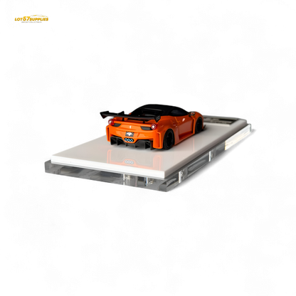 Diecast Ferrari 458 LB wide-body model in pearl orange, detailed 1:64 scale car from Lot57Supplies Diecast Shop.