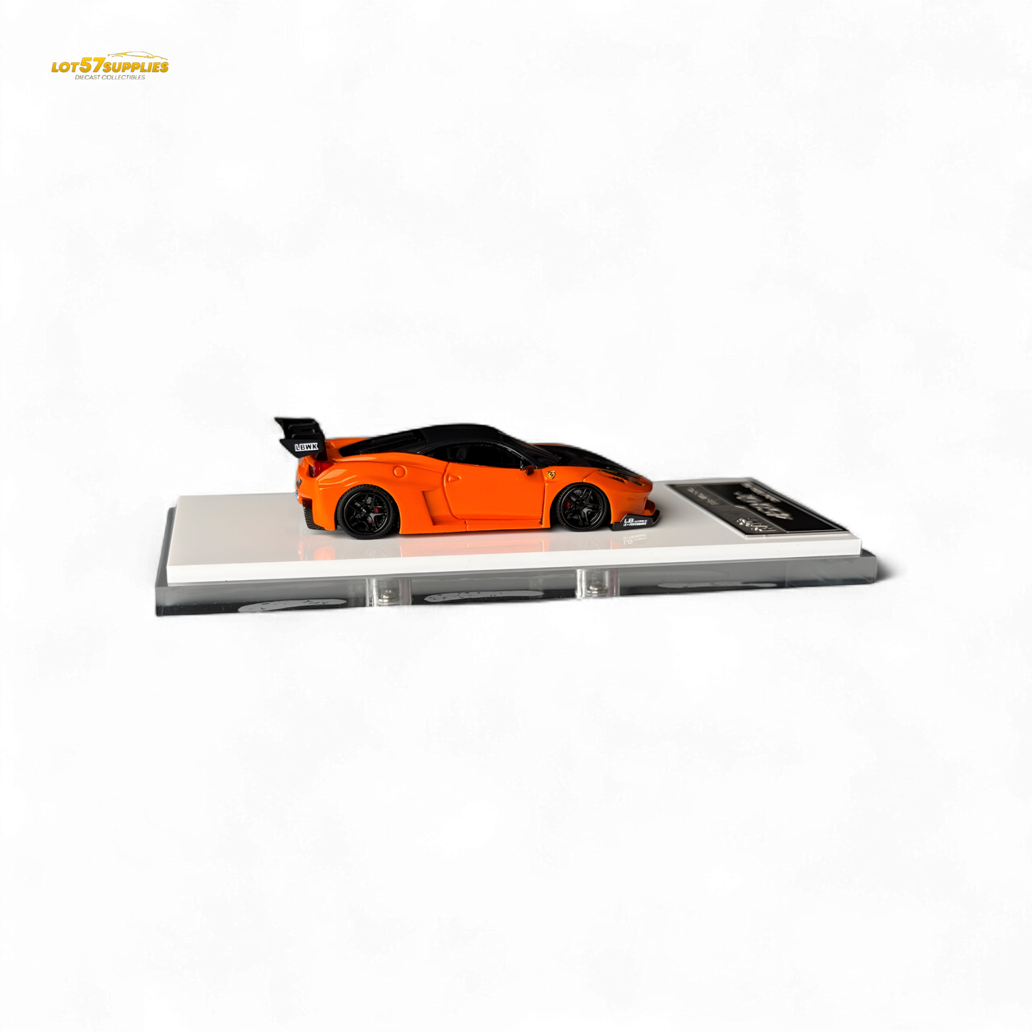 Detailed image of a 1:64 scale Ferrari Flame Ferrari 458 LB Wide-Body diecast car in pearl orange by Lot57Supplies Diecast Shop.