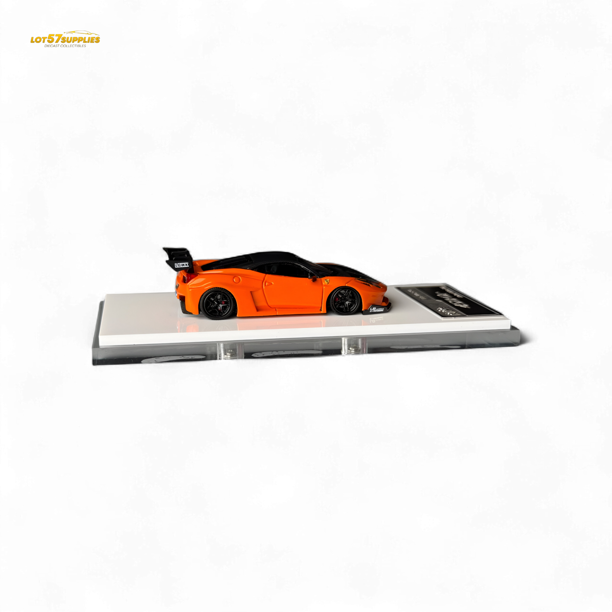 Detailed image of a 1:64 scale Ferrari Flame Ferrari 458 LB Wide-Body diecast car in pearl orange by Lot57Supplies Diecast Shop.