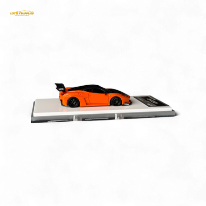 Detailed image of a 1:64 scale Ferrari Flame Ferrari 458 LB Wide-Body diecast car in pearl orange by Lot57Supplies Diecast Shop.