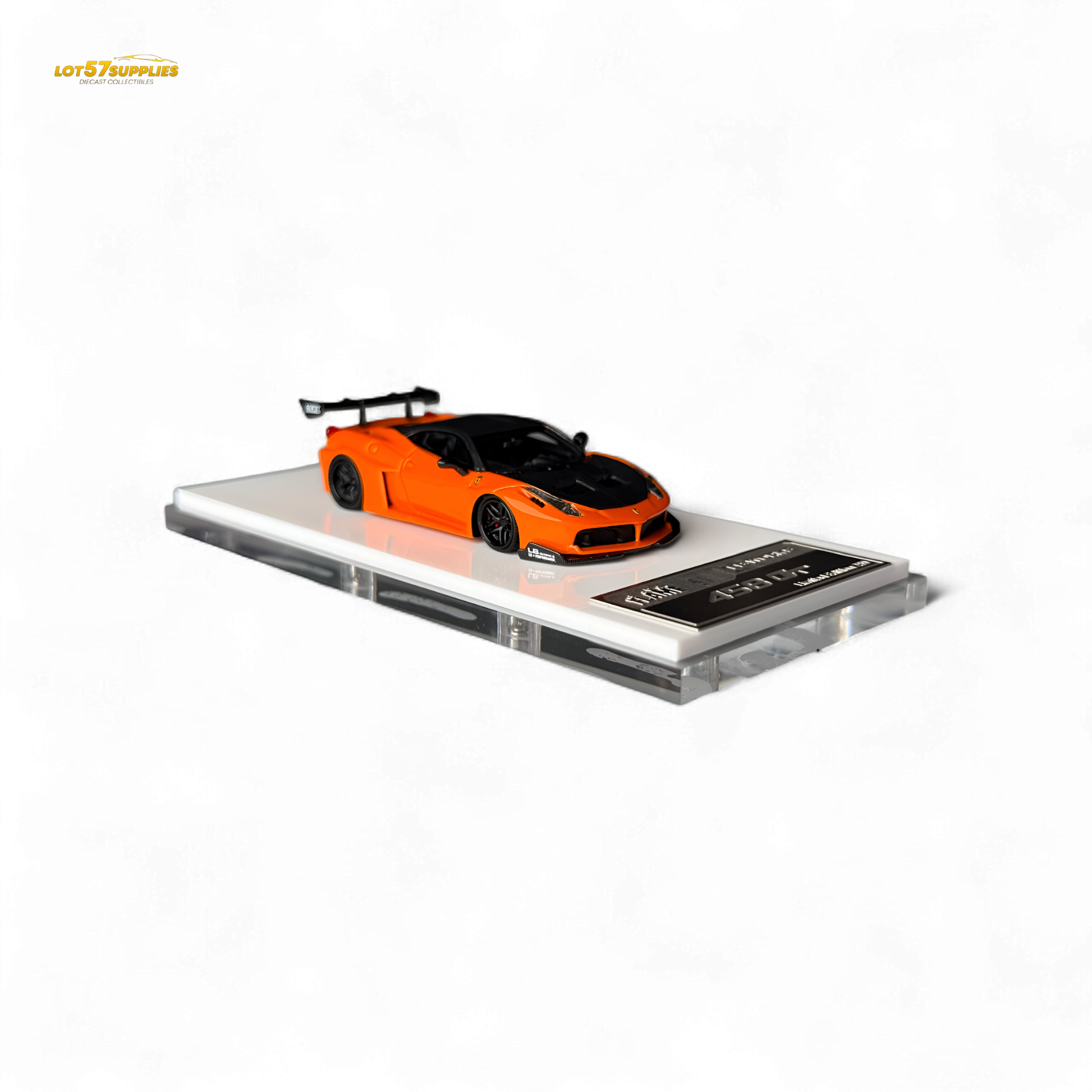 Pearl orange Ferrari 458 LB Wide-Body diecast model car, detailed 1:64 scale replica from Lot57Supplies Diecast Shop